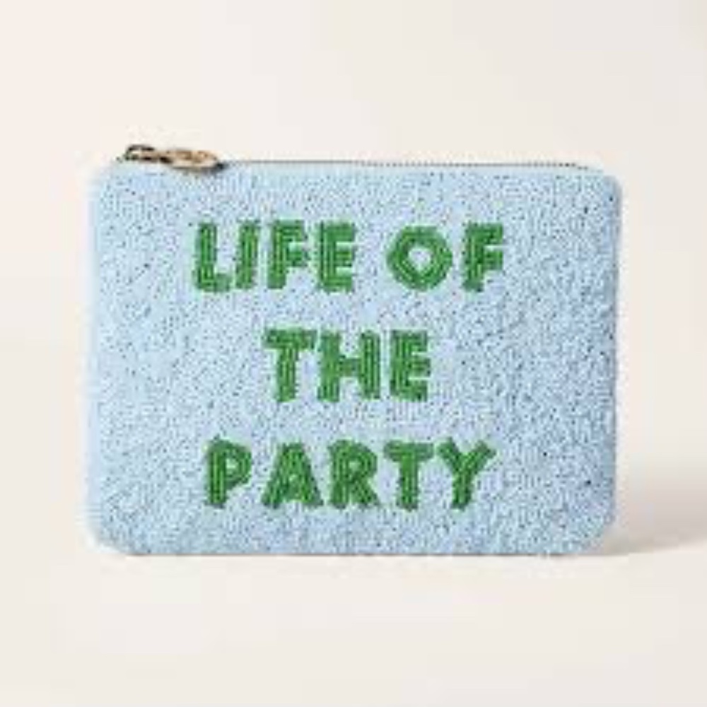 Kate Spade x Target Life of the party Beaded Blue Clutch with Green Text